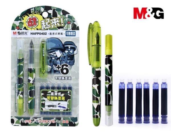Camouflage Cartridge Fountain Pen With Ink Remover And 6 Blue Refills