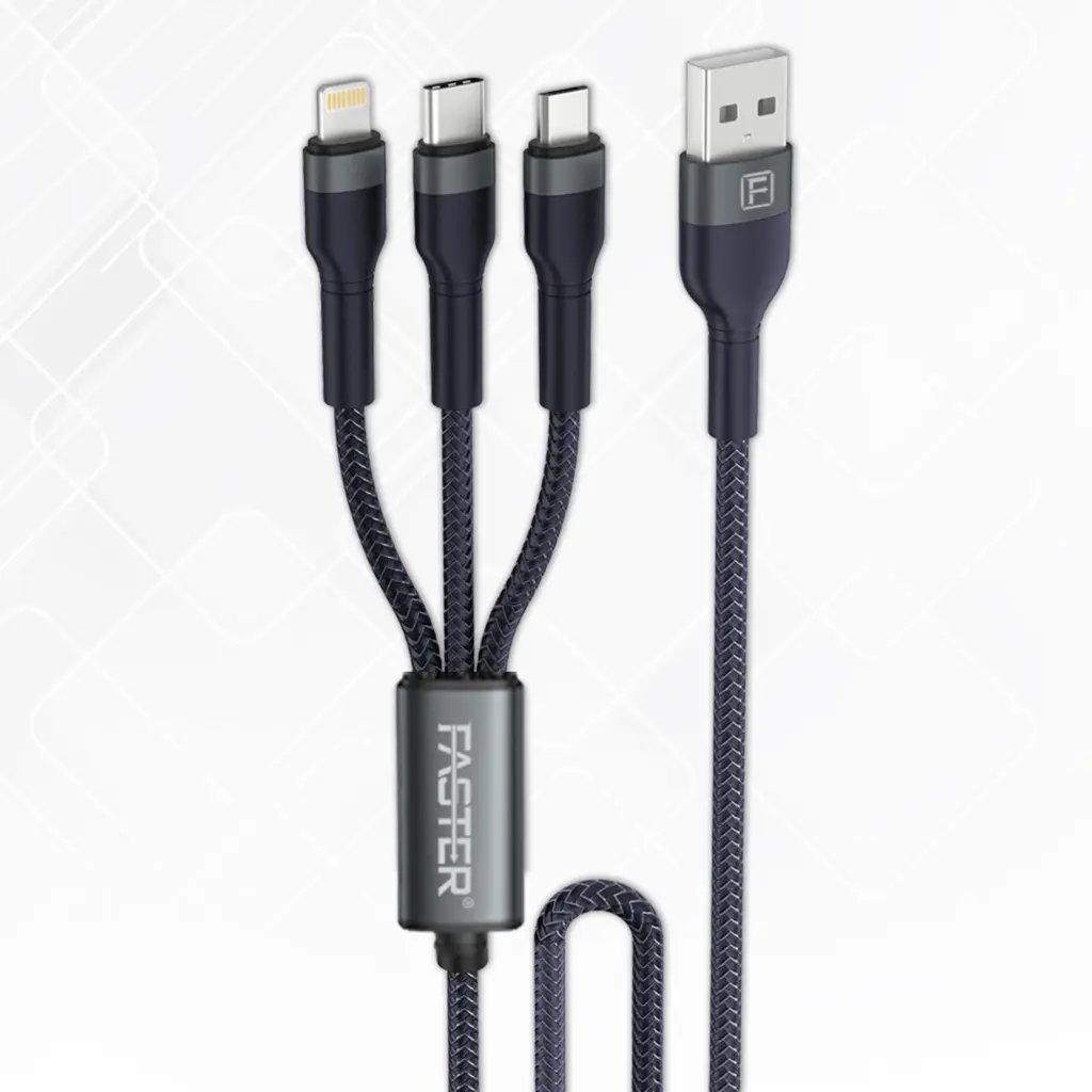 Faster Quick Charge Denim Braided 3-In-1 Data Cable For Iphone - Android - Type-C