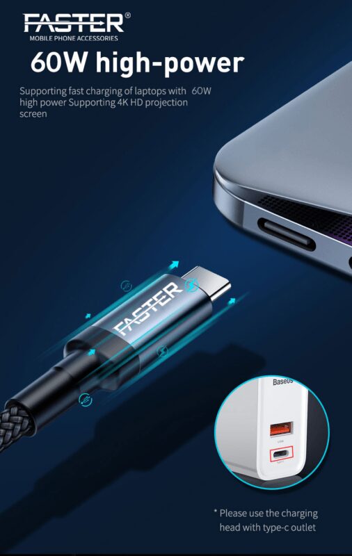 Faster Nylon Braided 60W Type-C To Type-C Cable