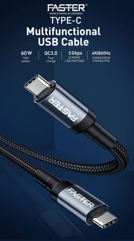 Faster Nylon Braided 60W Type-C To Type-C Cable