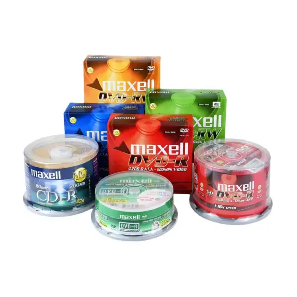 Blank; high-quality Maxell DVDs, CDs, and optical discs for data storage and media needs, available at Grace Digital Pakistan; durable and reliable multimedia storage solutions.