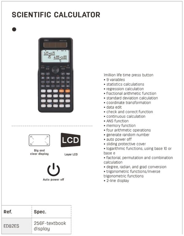 Deli Scientific Calculator D82Es Plus - Dual Power, 252 Functions, 12-Digit Large Display - Image 6